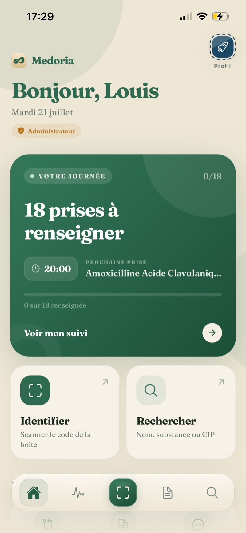 Écran d'accueil Medoria avec les prises du jour