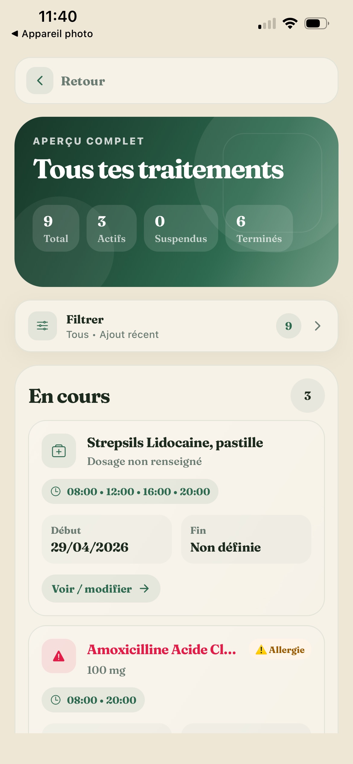 Liste des traitements et rappels programmés